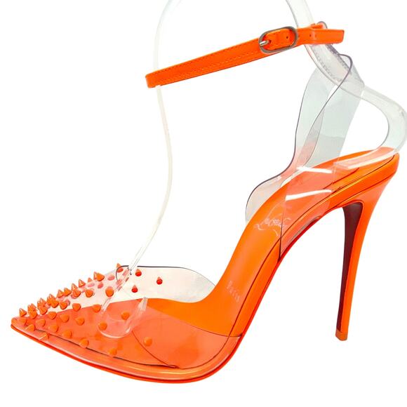 🔥 NWT Christian Louboutin Spikoo 100 Neon Fluo Orange PVC Spiked Heels 38.5 - Picture 2 of 13